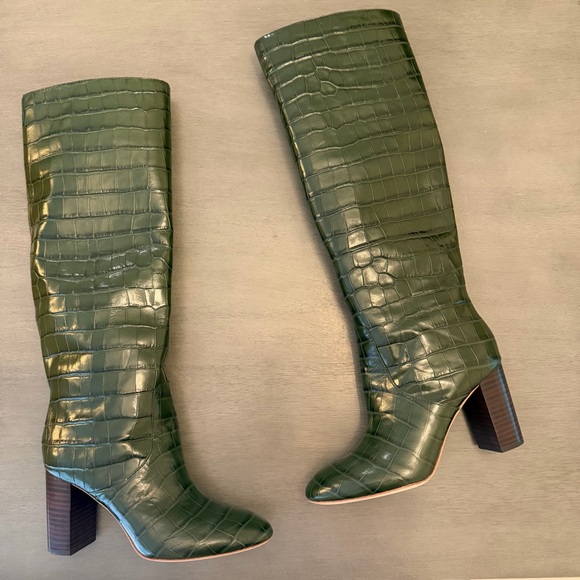Loeffler Randall Tall Goldy Leather Croc Forest Green Heel Knee Boot Pull On 6 - Picture 13 of 14